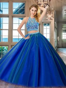 High Quality Royal Blue Scoop Backless Beading Ball Gown Prom Dress Sleeveless