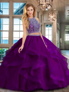 Smart Scoop Sleeveless Floor Length Beading and Ruffles Backless Sweet 16 Dresses with Purple