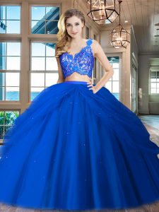 Royal Blue Two Pieces V-neck Sleeveless Tulle Floor Length Zipper Lace and Ruffled Layers Quince Ball Gowns