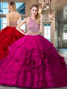 Halter Top Fuchsia Organza Backless Ball Gown Prom Dress Sleeveless With Brush Train Beading and Ruffles