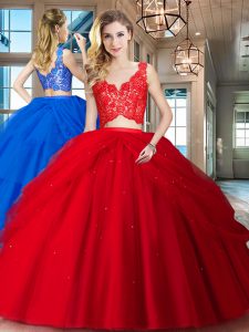 Pretty Lace and Ruffled Layers Sweet 16 Dress Red Zipper Sleeveless Floor Length