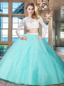 Aqua Blue Scoop Neckline Beading and Lace and Ruffles Ball Gown Prom Dress Long Sleeves Zipper