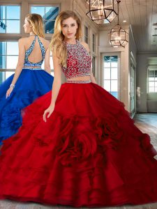 Eye-catching Scoop Beading and Ruffles Quinceanera Dresses Red Backless Sleeveless Floor Length