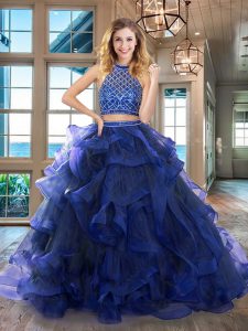 Affordable Halter Top Royal Blue Sleeveless Beading and Ruffles Backless Vestidos de Quinceanera