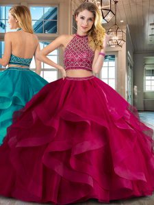 Suitable Halter Top Sleeveless Brush Train Backless Quinceanera Dress Fuchsia Tulle