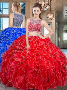 Dazzling Red Organza Side Zipper Bateau Sleeveless Floor Length Quinceanera Dresses Beading and Ruffles