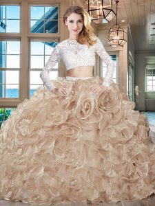 Romantic Champagne Quince Ball Gowns Military Ball and Sweet 16 and Quinceanera and For with Beading and Lace and Ruffles Scoop Long Sleeves Brush Train Zipper