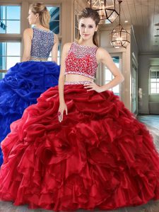Excellent Wine Red Side Zipper Quinceanera Gown Beading and Ruffles and Pick Ups Sleeveless Floor Length