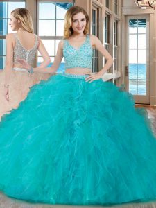 Sexy Floor Length Two Pieces Sleeveless Teal Quinceanera Dresses Zipper