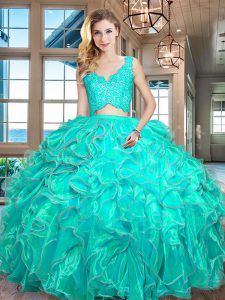 Nice Organza V-neck Sleeveless Zipper Lace and Ruffles Sweet 16 Dress in Turquoise