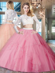 Edgy Scoop Tulle Long Sleeves Floor Length Quinceanera Dress and Beading and Lace and Ruffles