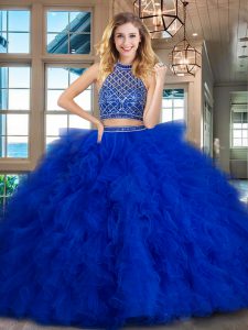 Halter Top Sleeveless Beading and Ruffles Backless 15 Quinceanera Dress with Royal Blue Brush Train