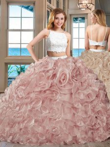 Champagne Two Pieces Straps Sleeveless Tulle Floor Length Backless Beading and Ruffles Sweet 16 Dresses