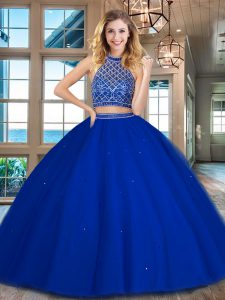 New Style Floor Length Royal Blue Sweet 16 Quinceanera Dress Halter Top Sleeveless Backless
