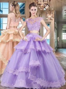 Stunning Lavender Two Pieces Scoop Cap Sleeves Tulle Floor Length Zipper Beading and Lace and Appliques and Ruffled Layers Quinceanera Gowns