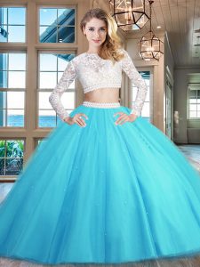 Sumptuous Baby Blue 15th Birthday Dress Military Ball and Sweet 16 and Quinceanera and For with Beading and Lace Scoop Long Sleeves Zipper