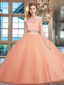 Beauteous Scoop Floor Length Peach Quinceanera Gown Tulle Cap Sleeves Beading and Appliques