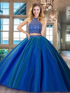 Pretty Two Piece HalterHalter Top Royal Blue Halter Top Backless Beading Quinceanera Gowns Brush Train Sleeveless