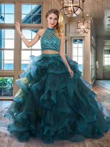 Halter Top Sleeveless Beading and Ruffles Backless Quinceanera Gown with Teal Brush Train
