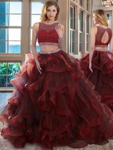 Traditional Scoop Sleeveless Floor Length Beading Backless Quinceanera Gown with Burgundy
