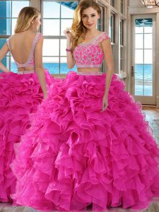 Hot Pink Organza Backless Scoop Cap Sleeves Floor Length Quinceanera Gown Beading and Ruffles