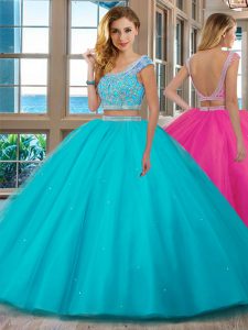 Scoop Aqua Blue Backless Ball Gown Prom Dress Beading and Ruffles Cap Sleeves Floor Length
