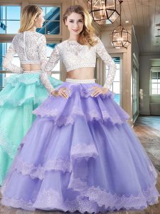 Lavender Scoop Neckline Beading and Lace and Ruffled Layers 15 Quinceanera Dress Long Sleeves Zipper