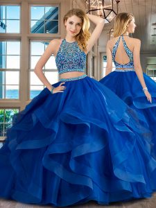 Royal Blue 15 Quinceanera Dress Military Ball and Sweet 16 and Quinceanera and For with Beading and Ruffles Scoop Sleeveless Backless