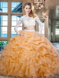 Edgy Scoop Gold Long Sleeves Beading and Lace and Ruffles Floor Length Quince Ball Gowns