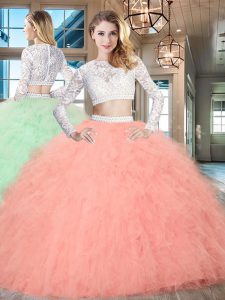 Scoop Watermelon Red Zipper Quince Ball Gowns Beading and Lace and Ruffles Long Sleeves Floor Length