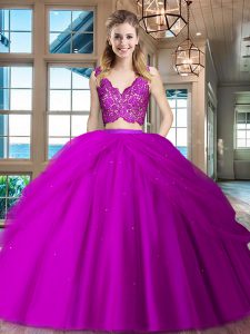 Fuchsia Tulle Zipper 15th Birthday Dress Sleeveless Floor Length Lace and Ruffled Layers