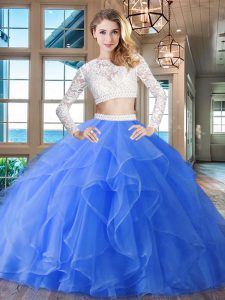 Blue Organza Zipper Scoop Long Sleeves Quinceanera Gowns Brush Train Beading and Lace and Ruffles