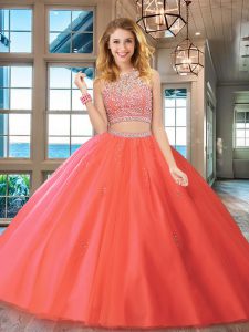 Stylish Scoop Floor Length Two Pieces Sleeveless Watermelon Red Quinceanera Dress Backless