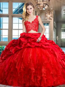 Designer V-neck Sleeveless Sweet 16 Dresses Brush Train Lace and Ruffles and Pick Ups Red Taffeta and Tulle