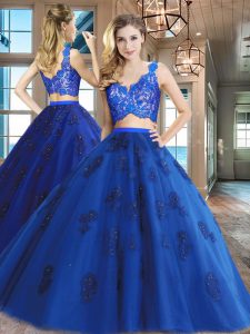Royal Blue Tulle Zipper V-neck Sleeveless Floor Length 15th Birthday Dress Lace and Appliques