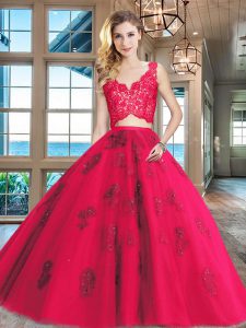 Superior Red Quinceanera Gowns Military Ball and Sweet 16 and Quinceanera and For with Lace and Appliques V-neck Sleeveless Zipper