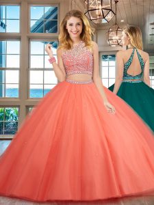 Exquisite Scoop Sleeveless Backless Sweet 16 Quinceanera Dress Watermelon Red Tulle