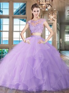 Scoop Cap Sleeves Sweet 16 Quinceanera Dress With Brush Train Beading and Appliques and Ruffles Lavender Organza