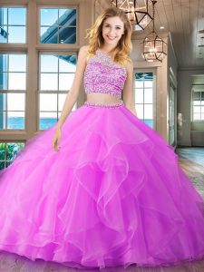 Nice Scoop Sleeveless Brush Train Backless Quinceanera Gowns Fuchsia Organza