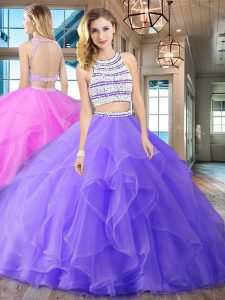 Lavender Backless Scoop Beading and Ruffles Quinceanera Gown Organza Sleeveless Brush Train