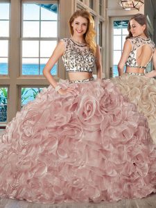 Scoop Pink Two Pieces Beading and Ruffles Sweet 16 Quinceanera Dress Backless Organza Cap Sleeves With Train