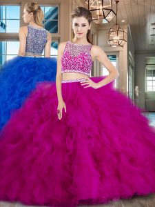 Low Price Sleeveless Tulle With Brush Train Side Zipper Sweet 16 Dresses in Fuchsia with Beading and Ruffles