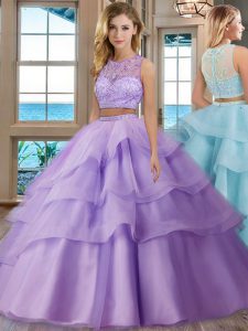 Fantastic Scoop Lavender Sleeveless Floor Length Beading and Appliques and Ruffled Layers Zipper Quinceanera Gowns