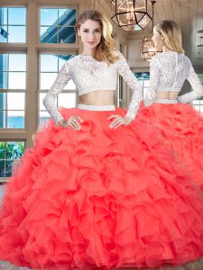 New Arrival Two Pieces Quinceanera Dress Red Scoop Organza Long Sleeves Floor Length Zipper