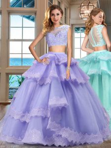 Sexy Bateau Cap Sleeves Quinceanera Gown Floor Length Lace and Appliques and Ruffled Layers Lavender Tulle