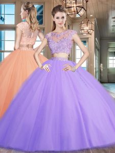 Flare Scoop Lavender Two Pieces Beading and Appliques 15 Quinceanera Dress Zipper Tulle Cap Sleeves Floor Length