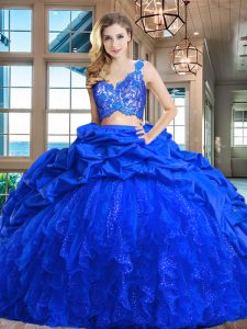 Comfortable Sleeveless Lace and Ruffles and Pick Ups Zipper 15 Quinceanera Dress with Royal Blue Brush Train