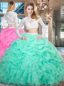 Exquisite Scoop Apple Green Long Sleeves Organza Zipper Quinceanera Dresses for Military Ball and Sweet 16 and Quinceanera