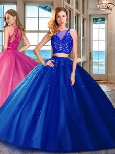 Scoop Royal Blue Sleeveless Appliques Floor Length Quince Ball Gowns