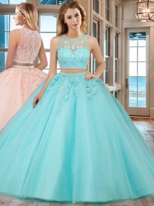 Scoop Floor Length Zipper Quinceanera Dress Aqua Blue for Military Ball and Sweet 16 and Quinceanera with Beading and Appliques